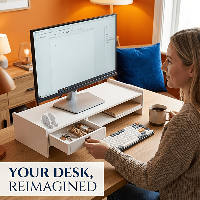 Desk Setup Riser - Minimalistische witte PVC-monitorstandaard met opberglade, ergonomische