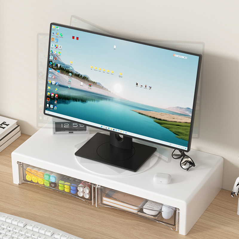 Desk Setup Riser - 2-laags monitorstandaard, kunststof monitorverhoger met lade,