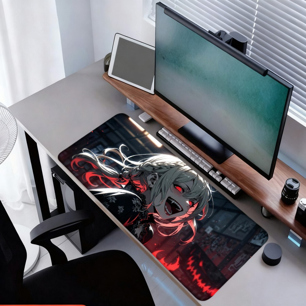 Desk Setup Red - Een anime-meisje met rode vlammen en