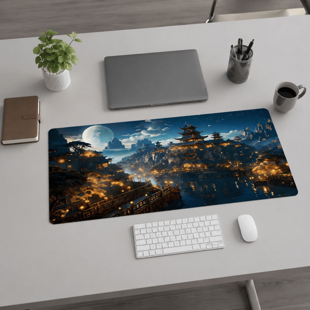 Desk Setup Simple - Originele fantasieachtige nachtstad-maanprint langwerpige tafelmat. Geschikt