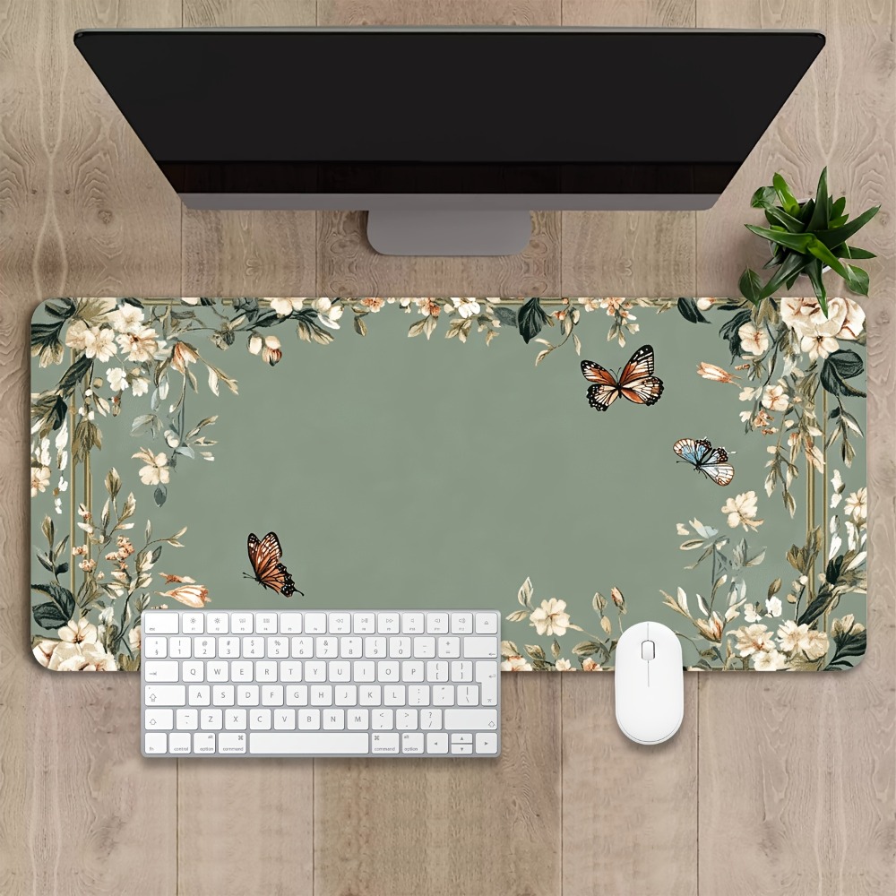 Desk Setup Simple - Plantentafelmat met vlinderpatroon en groen bloemendesign,