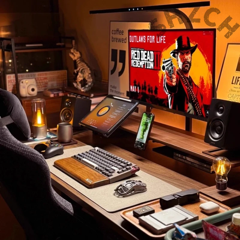 Desk Setup With Laptop And Monitor - Modulaire monitorstandaard van walnoot voor ergonomische