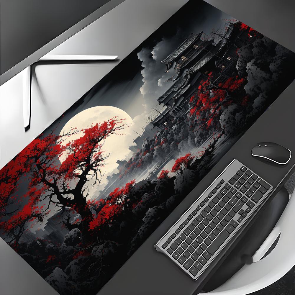 Desk Setup Red - Rode en zwarte kunstlandschappen Grote muismat